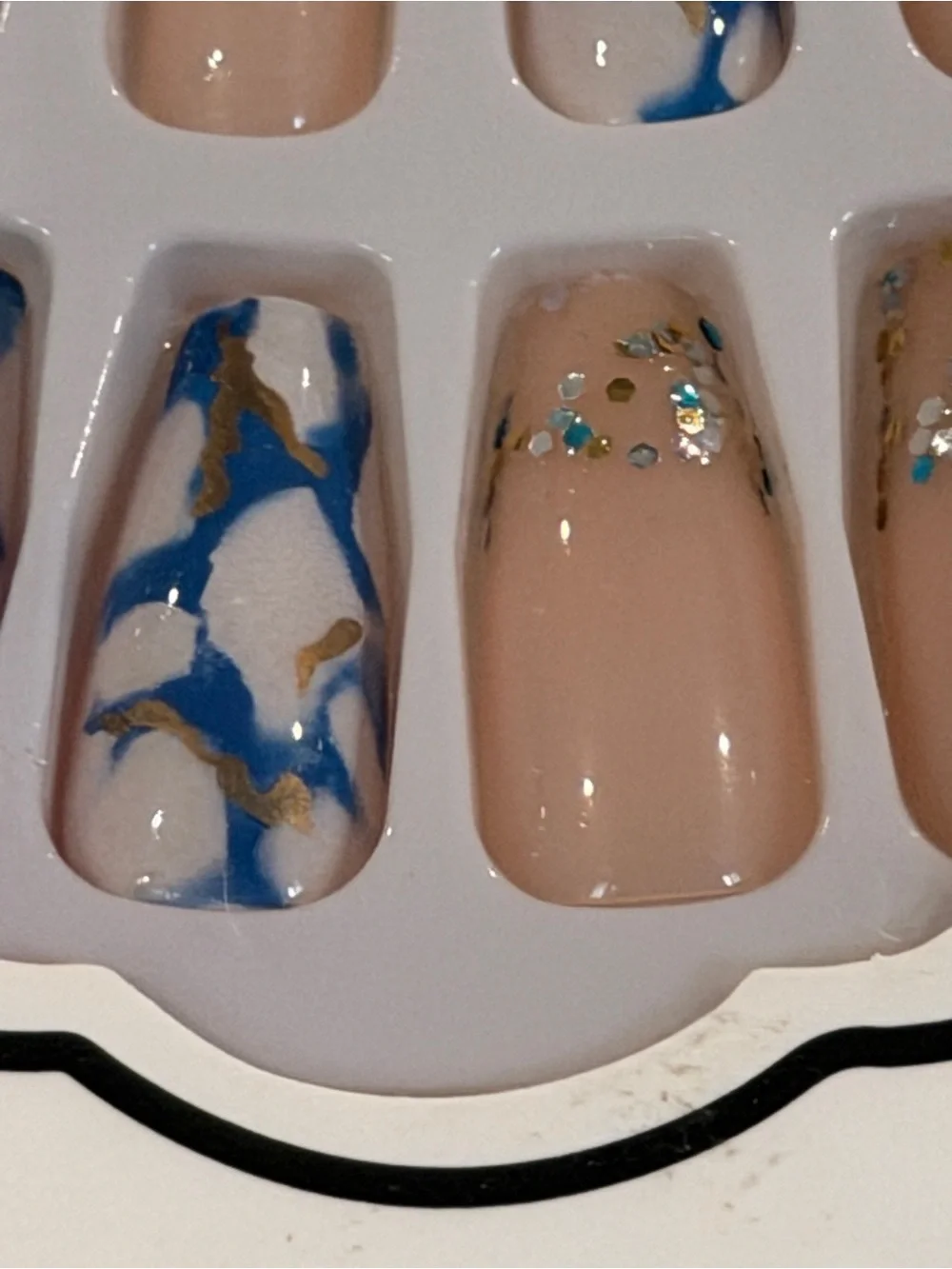 Blue Marble Gold Foil Press On Nails Nude Glitter Coffin Nail Set